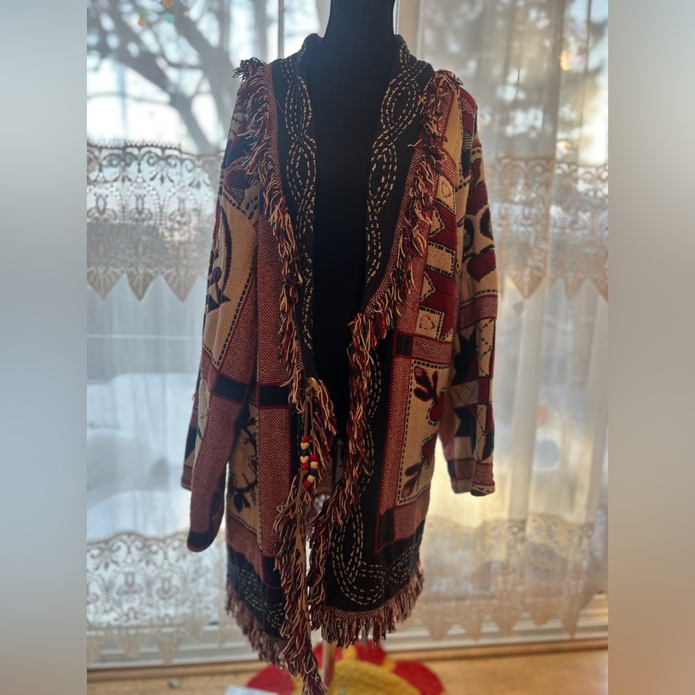 Woven Tapestry Fringe Cardigan Coat | Patchwork Design
